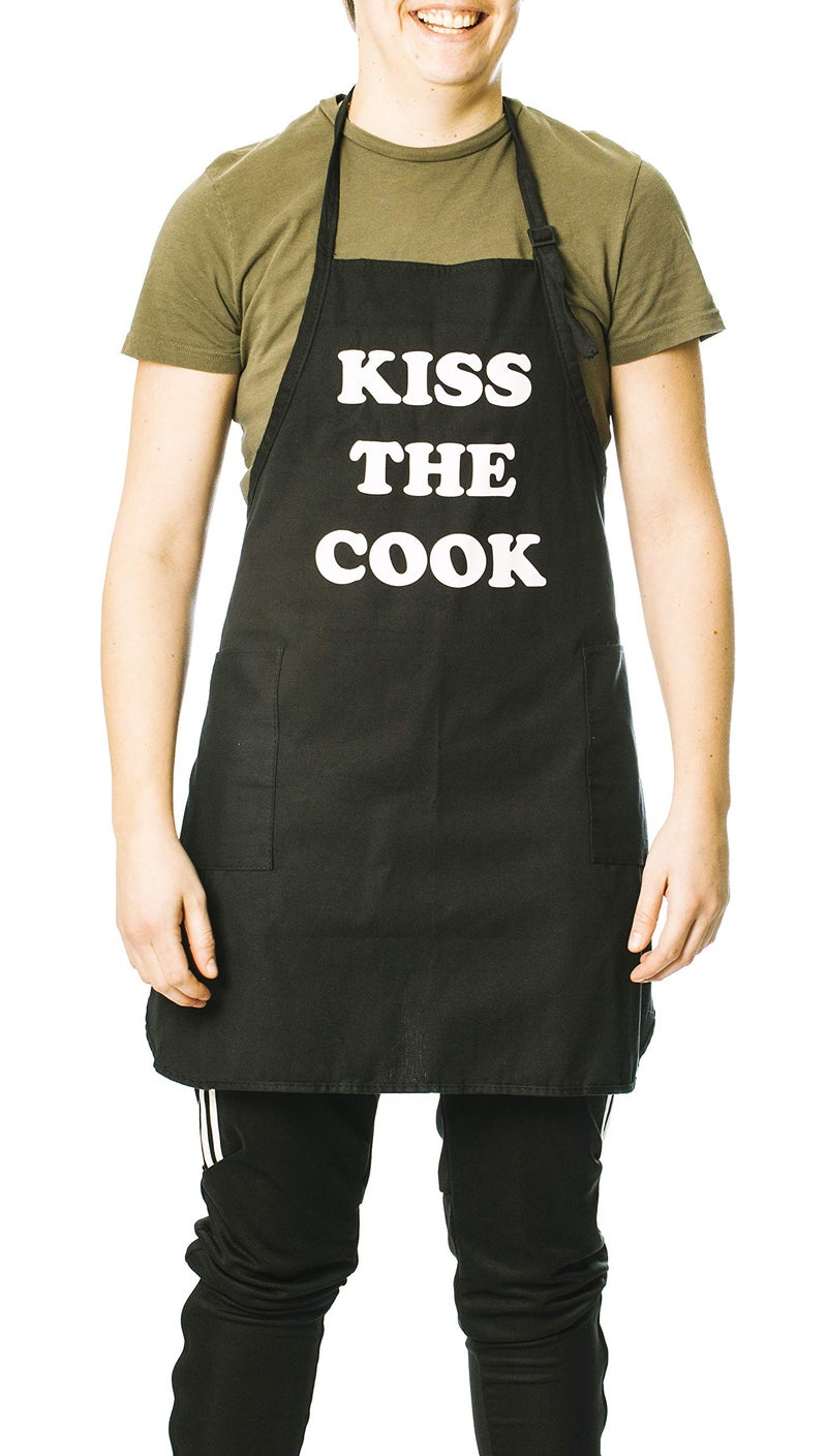 Funny Guy Mugs Kiss The Cook Adjustable Apron with Pockets - Funny Apron For Men & Women - Perfect for Kitchen BBQ Grilling Barbecue Cooking Baking - Image 1